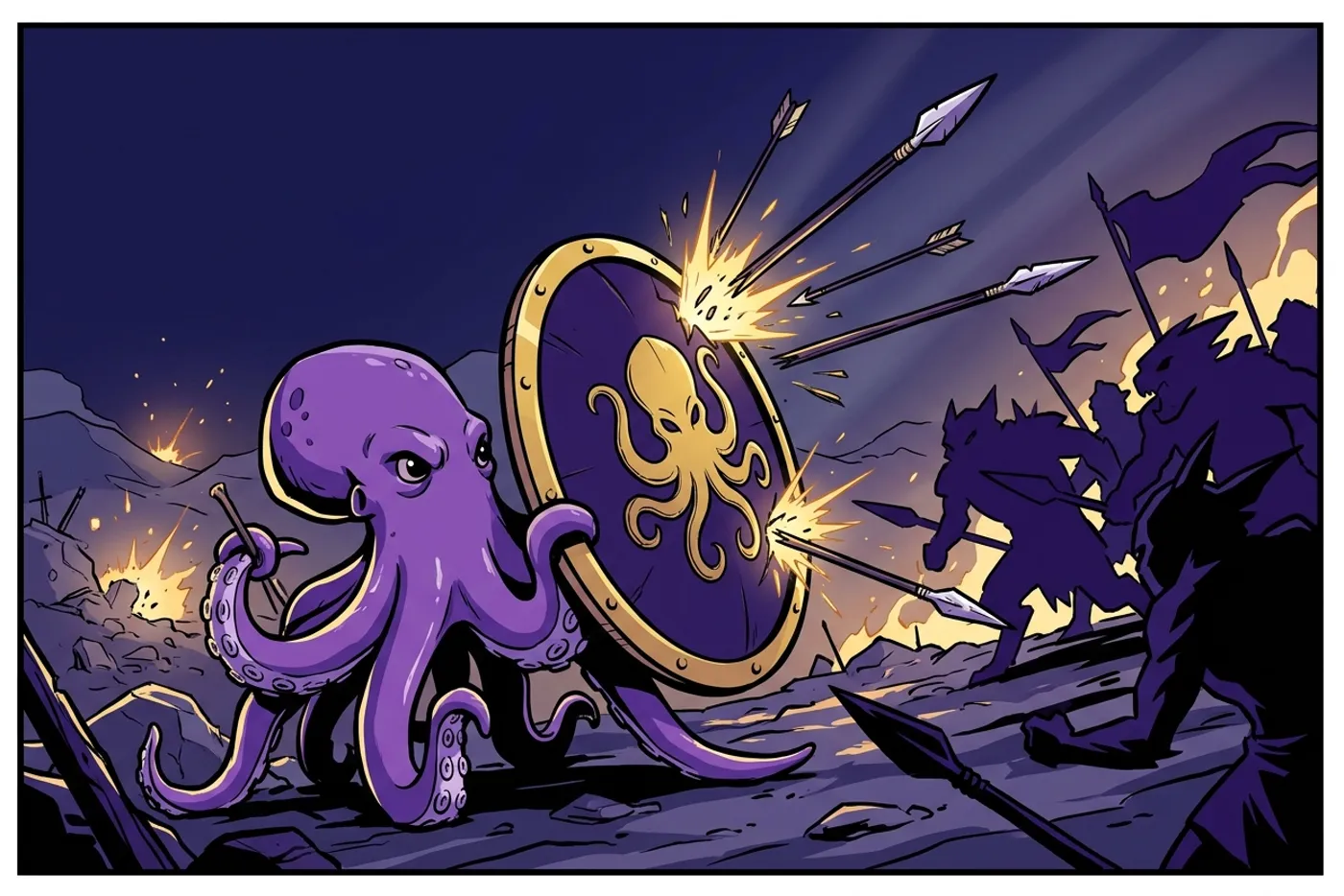 Illustrazione: il polipo di Squiddi para le frecce con lo scudo